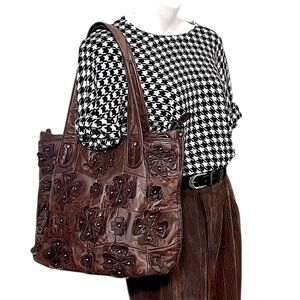 Vintage Brown Leather Embellished Floral Studded Appliqués Patchwork Purse Bag